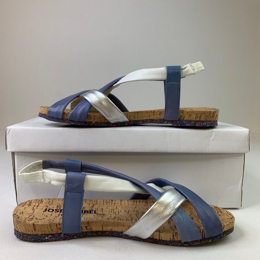 Josef Seibel Womens Henriette Sandal Blue Silver Cross Over Strap Flat Sz 6.5/37 - Picture 2 of 13